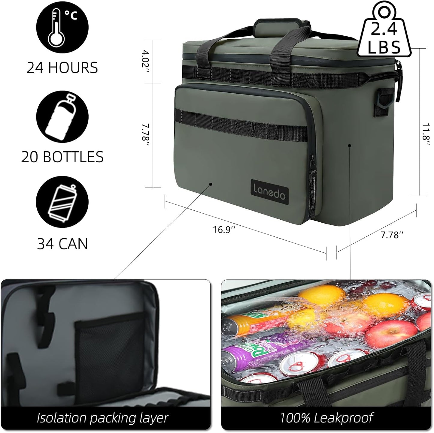 36-Can Soft Cooler Bag – Portable, Leakproof in Green