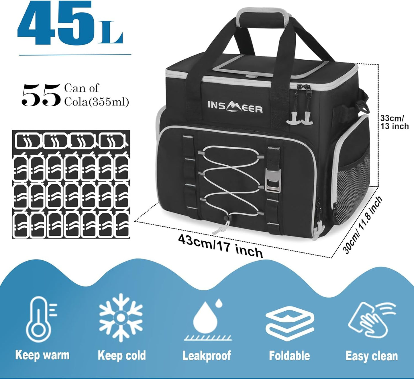 55-Can Large Soft Cooler Bag, Leakproof, Portable Ice Chest in Black