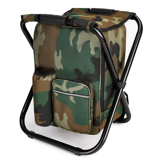 Portable Camouflage Camping Stool with Insulated Cooler Backpack